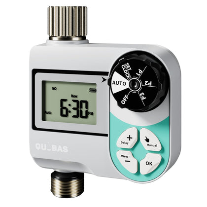 QUOBAS Sprinkler Timer with waterproof LCD display for quick status checks during watering.
