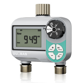 QUOBAS sprinkler timer with waterproof LCD screen for quick outdoor monitoring and scheduling.