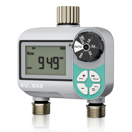 QUOBAS sprinkler timer with waterproof LCD screen for quick outdoor monitoring and scheduling.