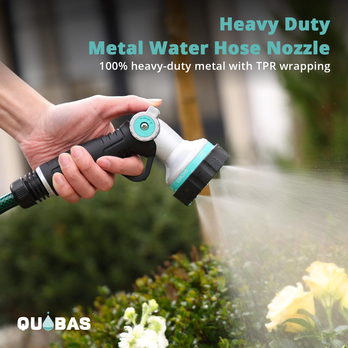 QUOBAS thumb-control nozzle allows one-handed flow adjustment during watering.