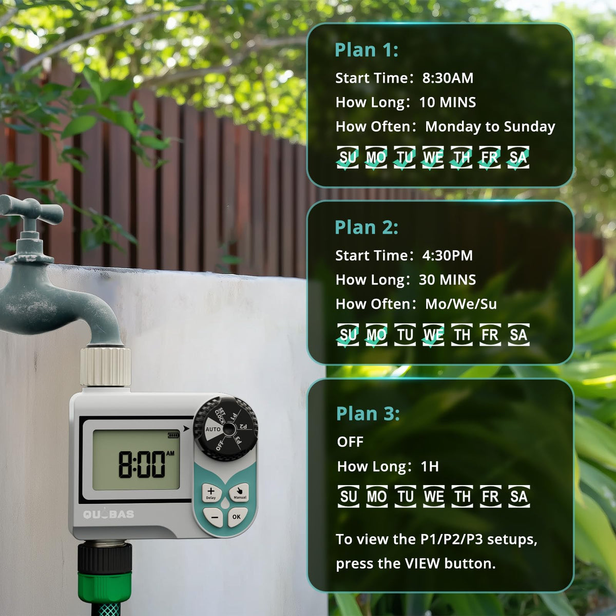 QUOBAS weatherproof IP54 housing protects timer outdoors