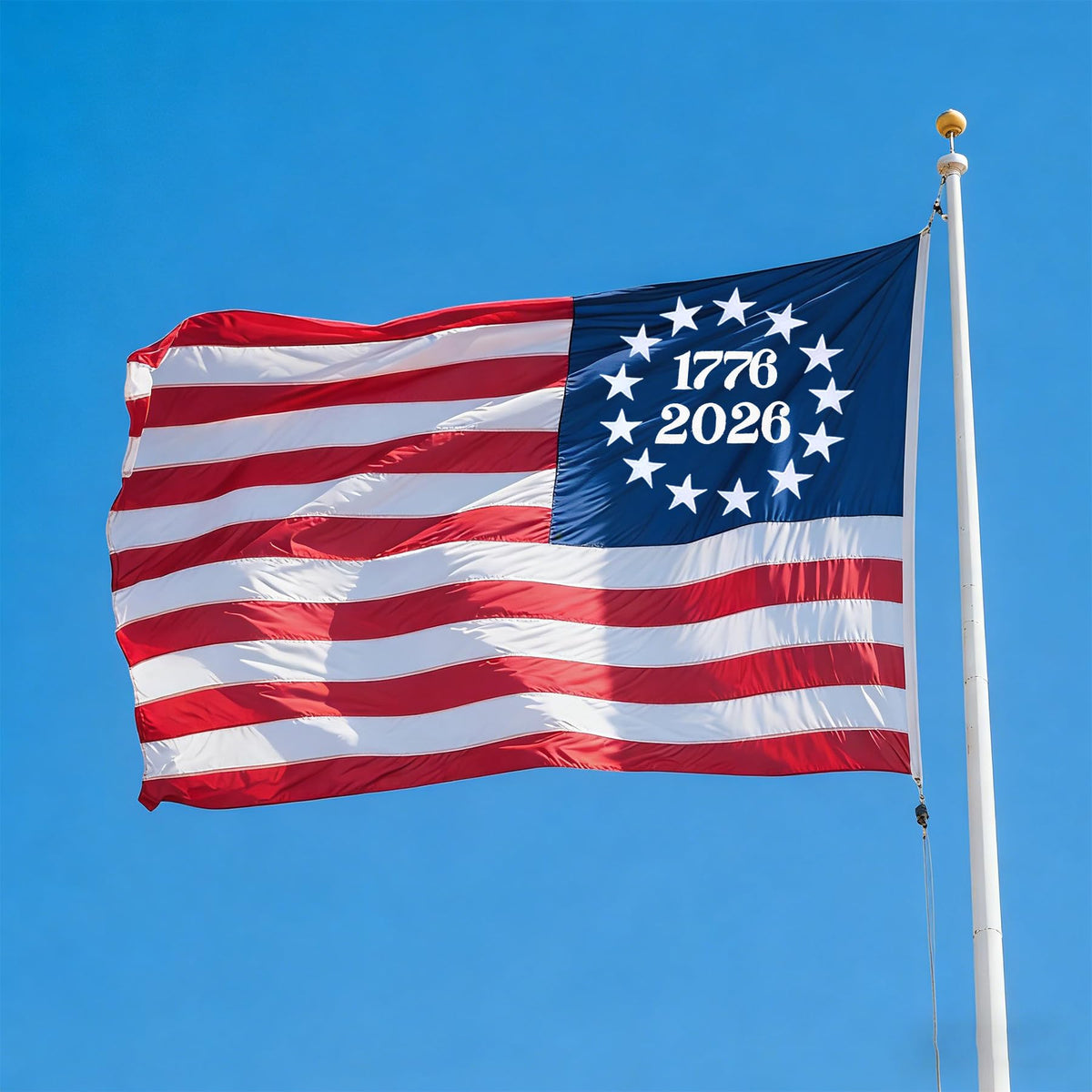 QUOFAD 1776-2026 flag embroidery close-up shows textured stars for premium outdoor display