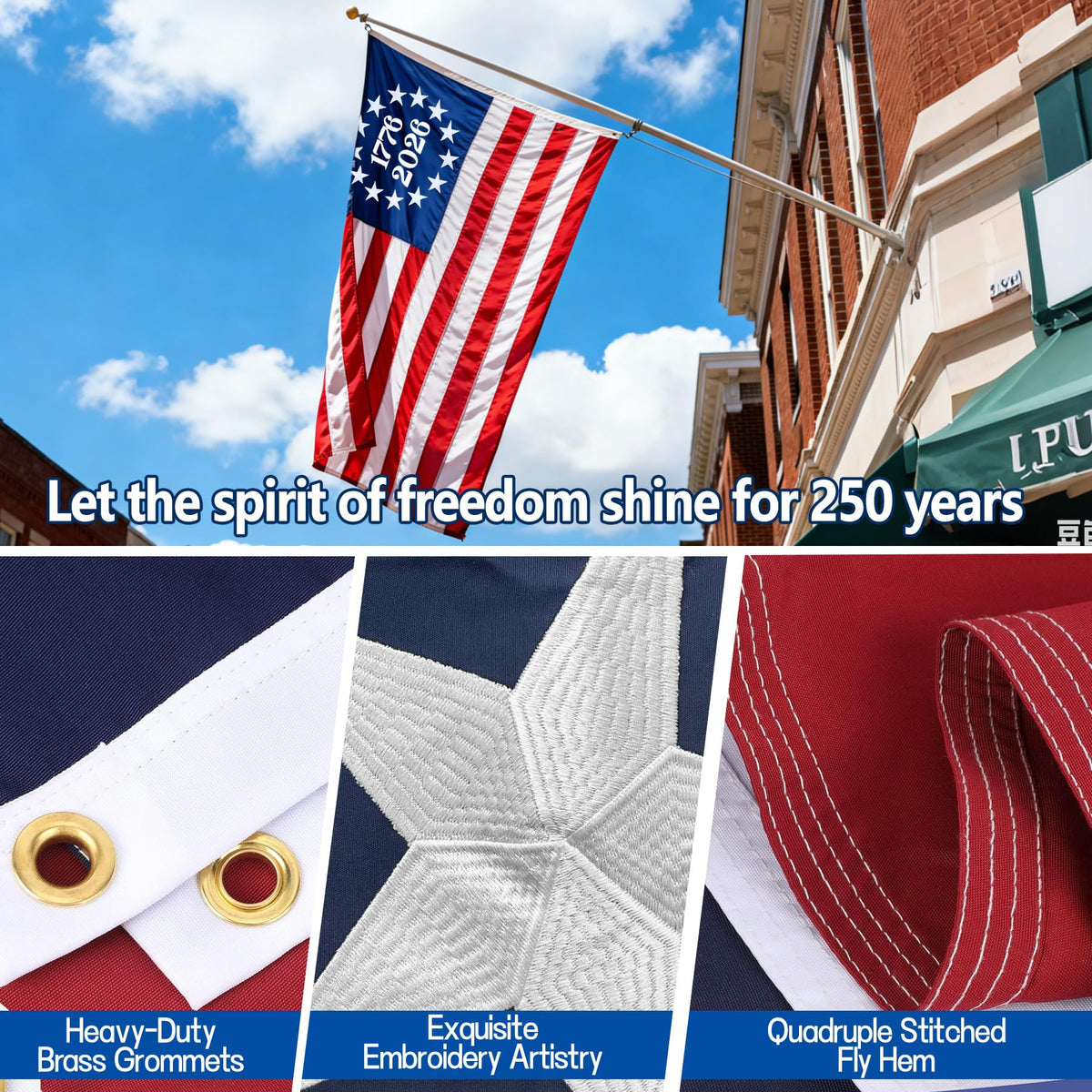 QUOFAD flag with reinforced stitching for long outdoor displays