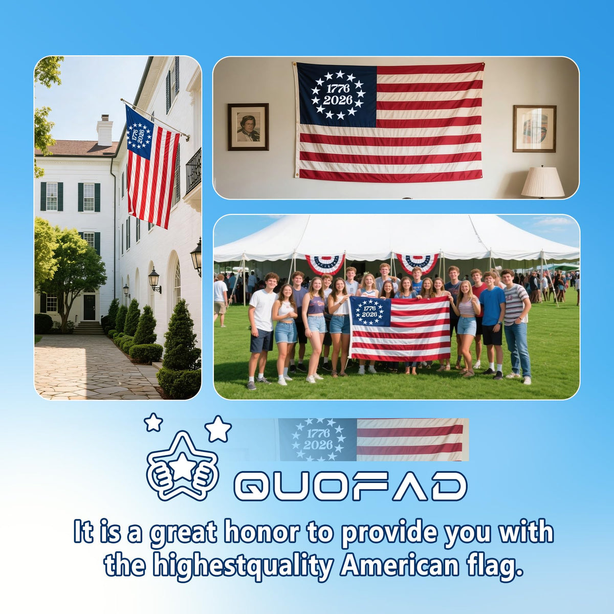 QUOFAD UV-resistant flag outdoors resists sun fading and stays vibrant