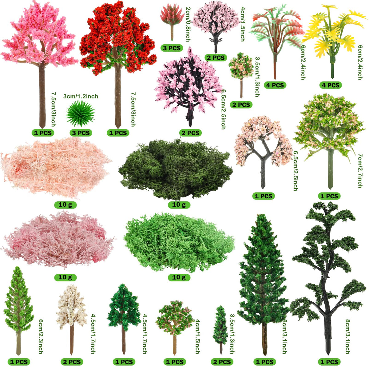 QUOZUO diorama miniature trees 3-8 cm for scalable landscape design.