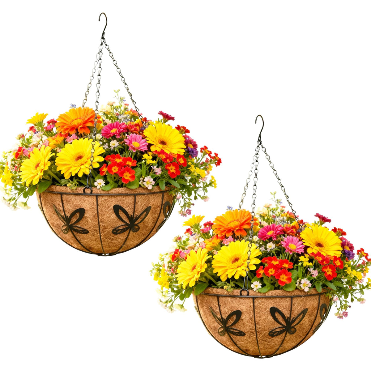 Qusuxi 2-pack 12-inch black metal hanging baskets for durable outdoor display