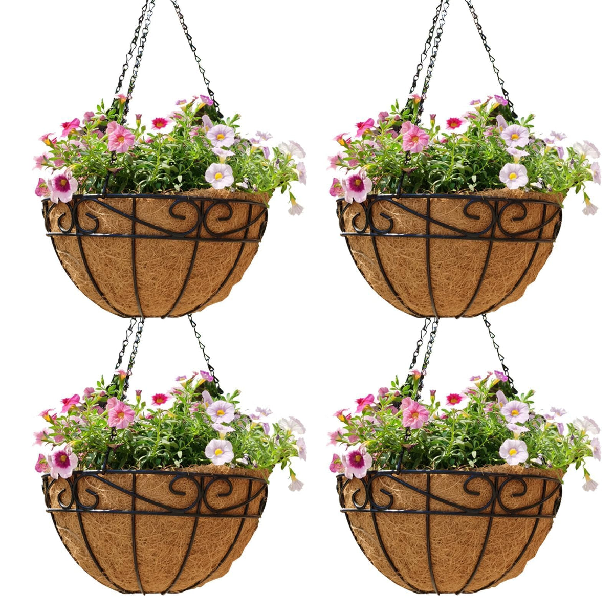 Qusuxi 4-pack 12-inch hanging basket with durable metal frame for outdoor use