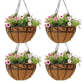 Qusuxi 4-pack 14-inch hanging baskets with rustic metal chains for easy outdoor installation.