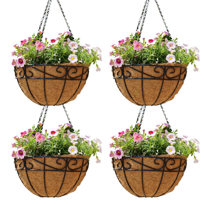 Qusuxi 4-pack 14-inch hanging baskets with rustic metal chains for easy outdoor installation.
