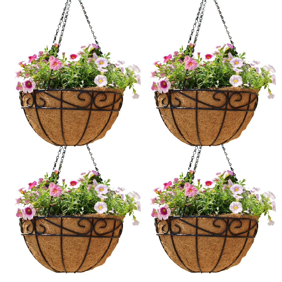 Qusuxi 4-pack 14-inch hanging baskets with rustic metal chains for easy outdoor installation.