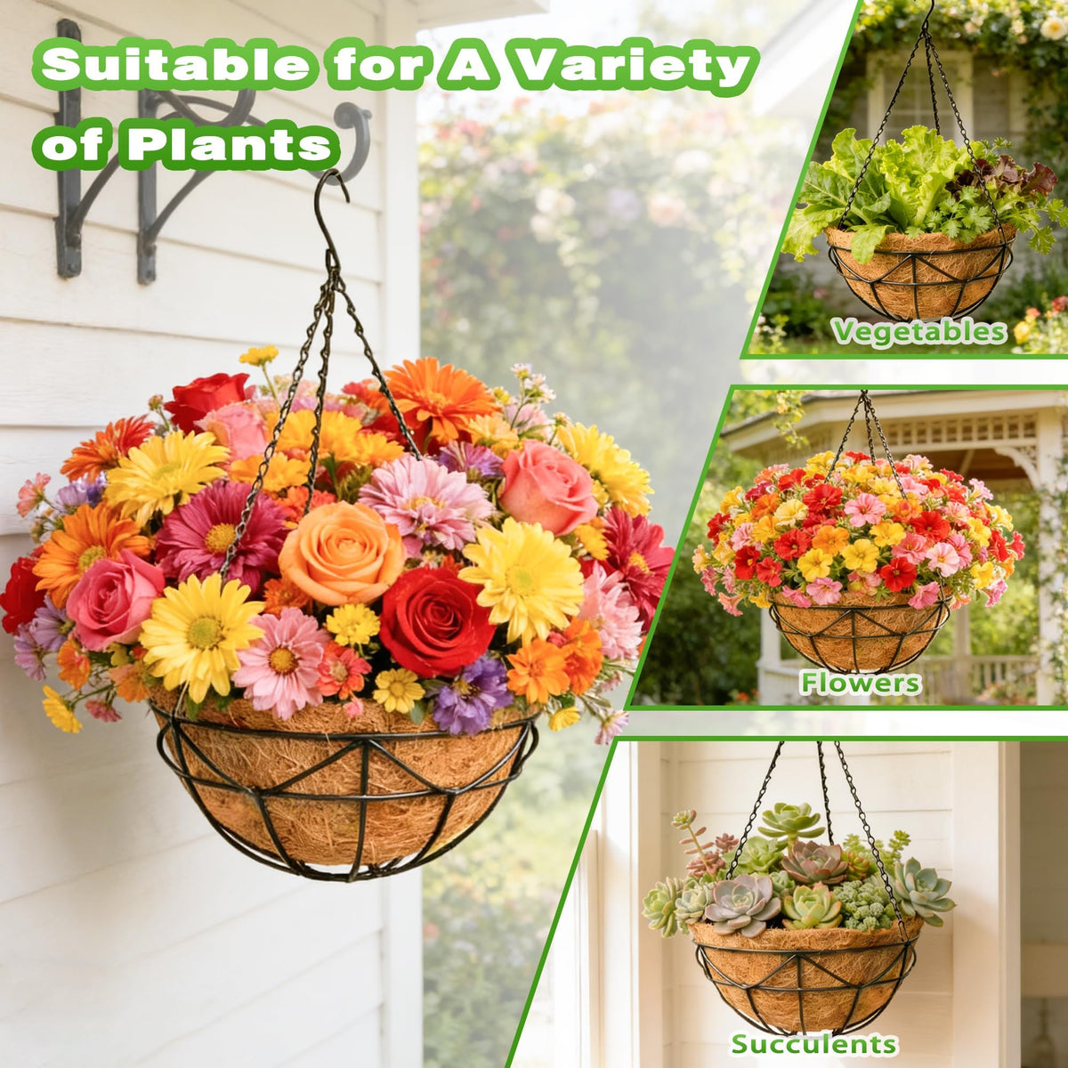 Qusuxi black metal hanging basket, ideal for durable outdoor use.