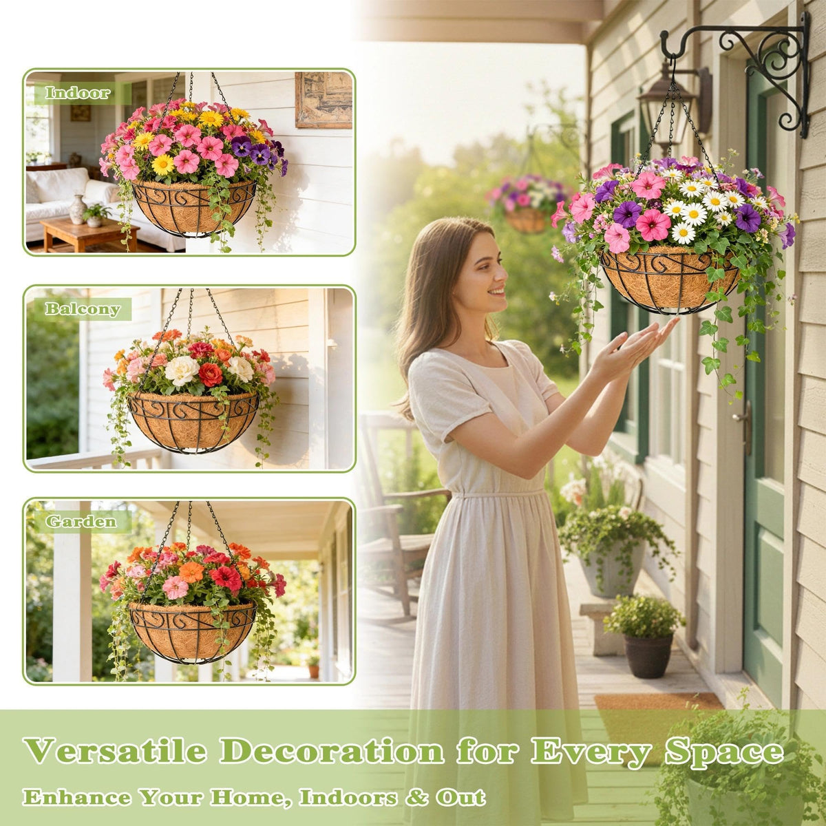 Qusuxi hanging planter with coconut fiber liner and weather-resistant chain in outdoor setup.