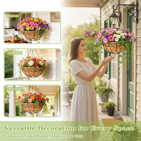 Qusuxi hanging planter with coconut fiber liner and weather-resistant chain in outdoor setup.