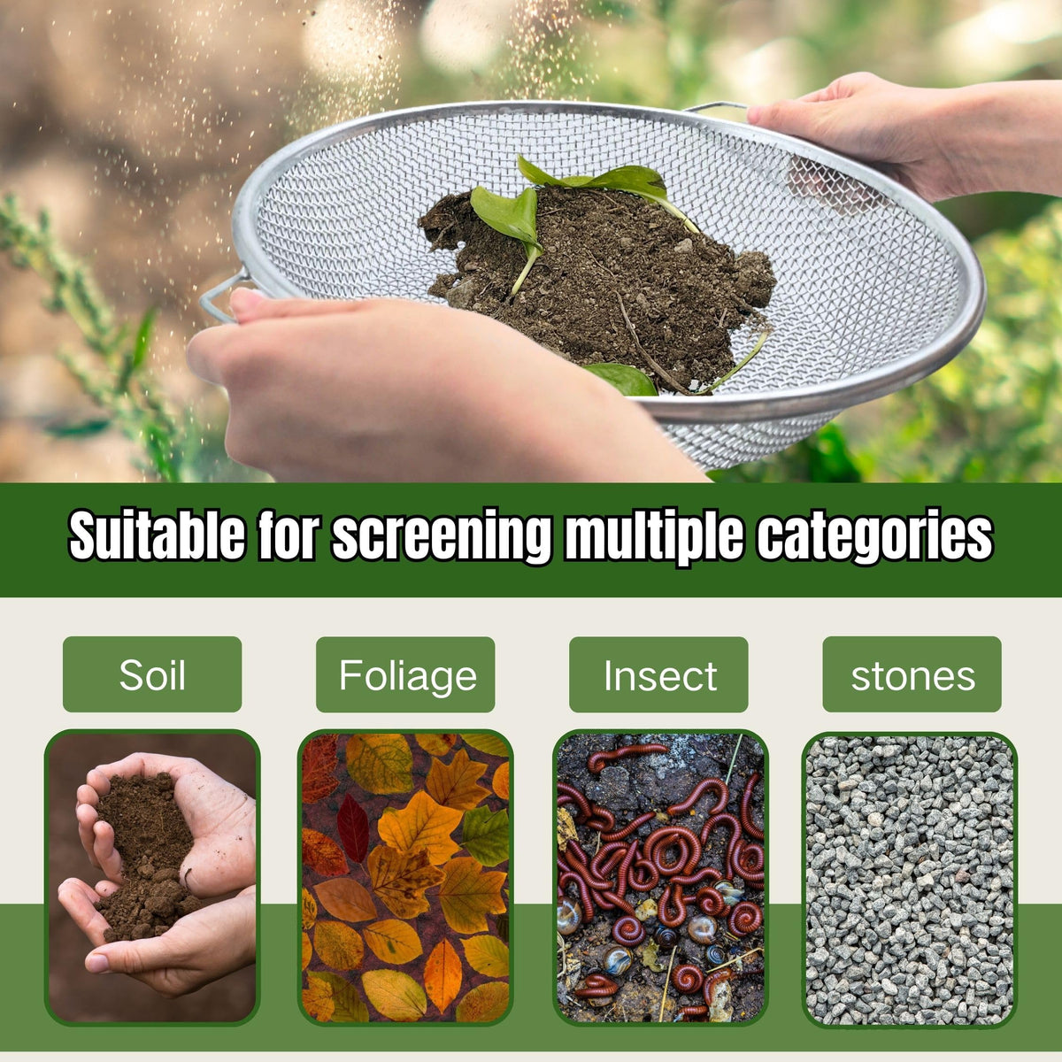 QUTIING dirt sifter with galvanized mesh for durable compost screening.