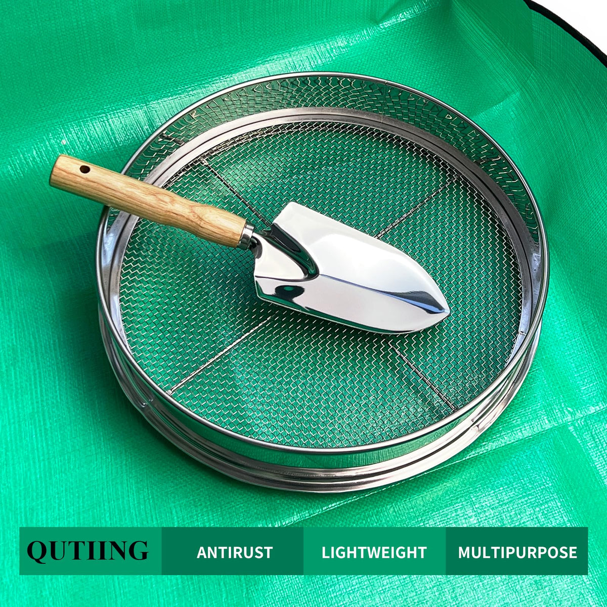 QUTIING included shovel loosens soil before sifting.