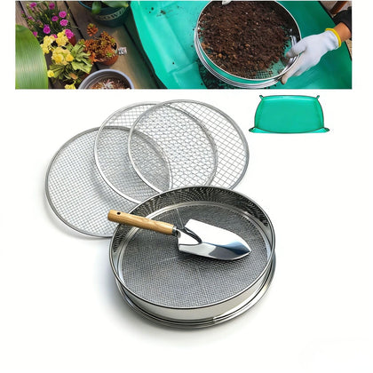 QUTIING soil sifter 12-inch with four replaceable screens for garden soil screening.