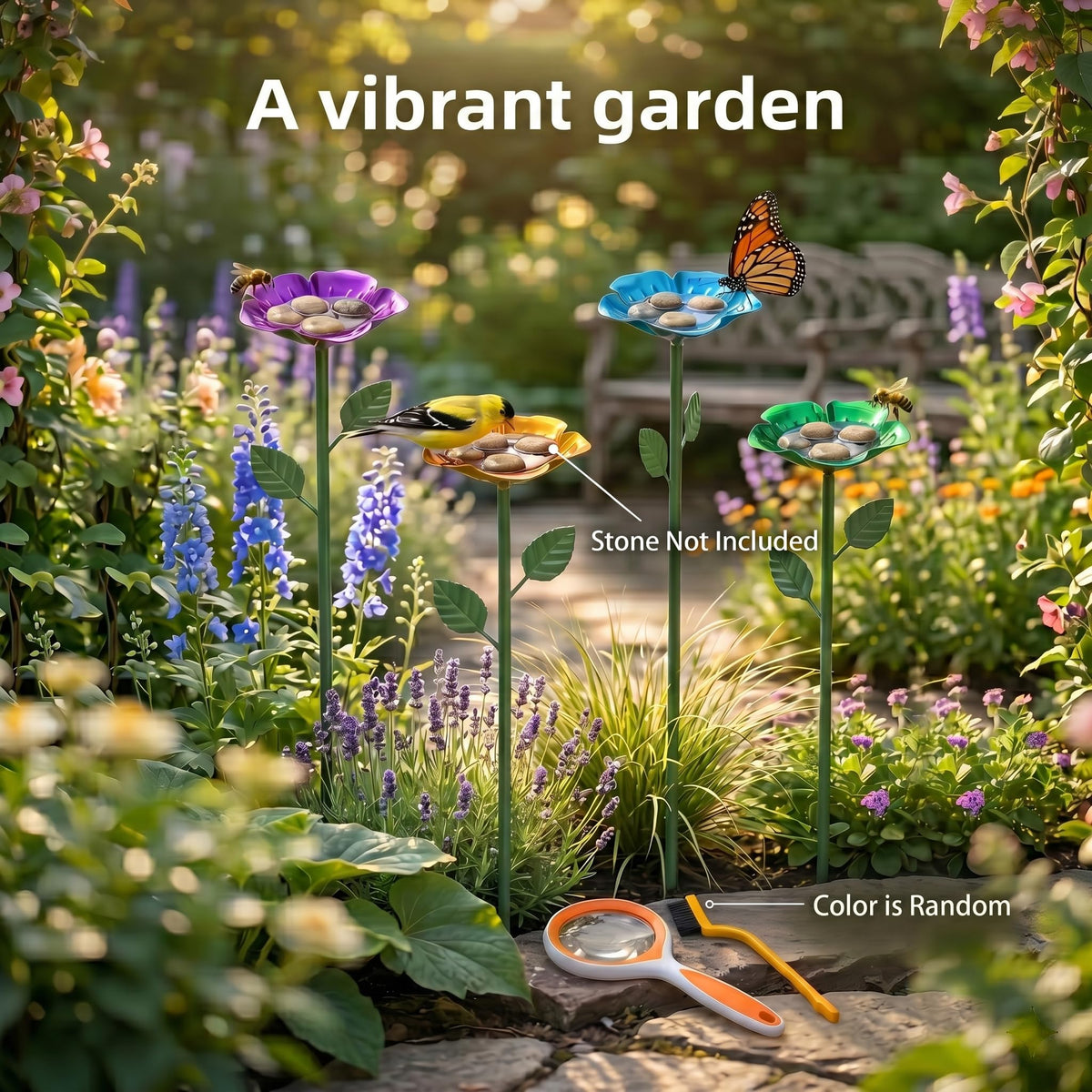 Quzovlta sunlit-path setup featuring the four-color bee watering cups