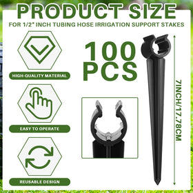 Quzzil stakes in ground hold drip lines securely for tidy watering.