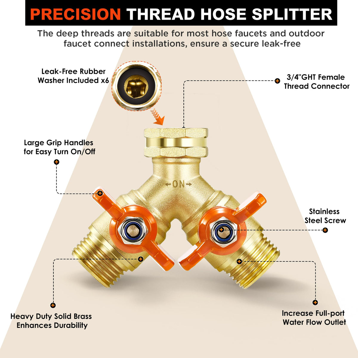 Qvamodo brass hose splitter with large handles for easy on/off control