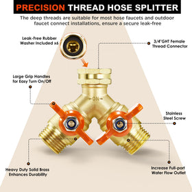 Qvamodo brass hose splitter with large handles for easy on/off control