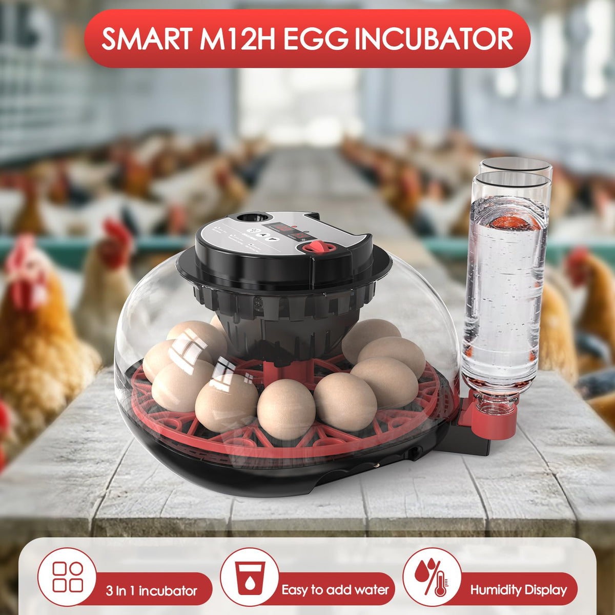 QVKHPCL incubator digital display shows precise temperature and humidity.