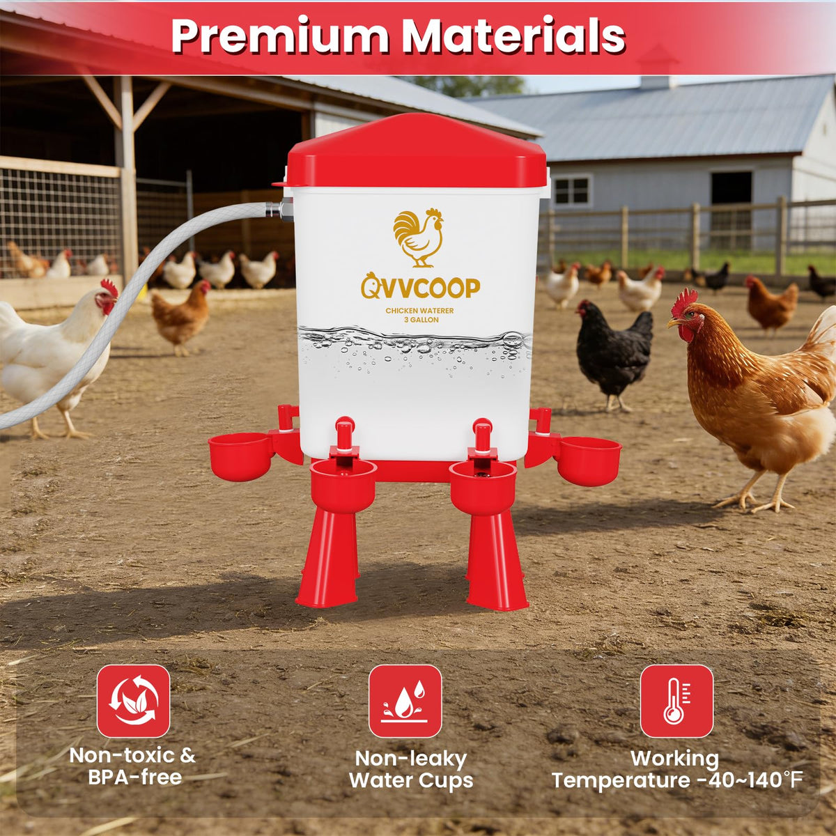 QVVCOOP waterer installed in coop demonstrates versatile standing or hanging use.
