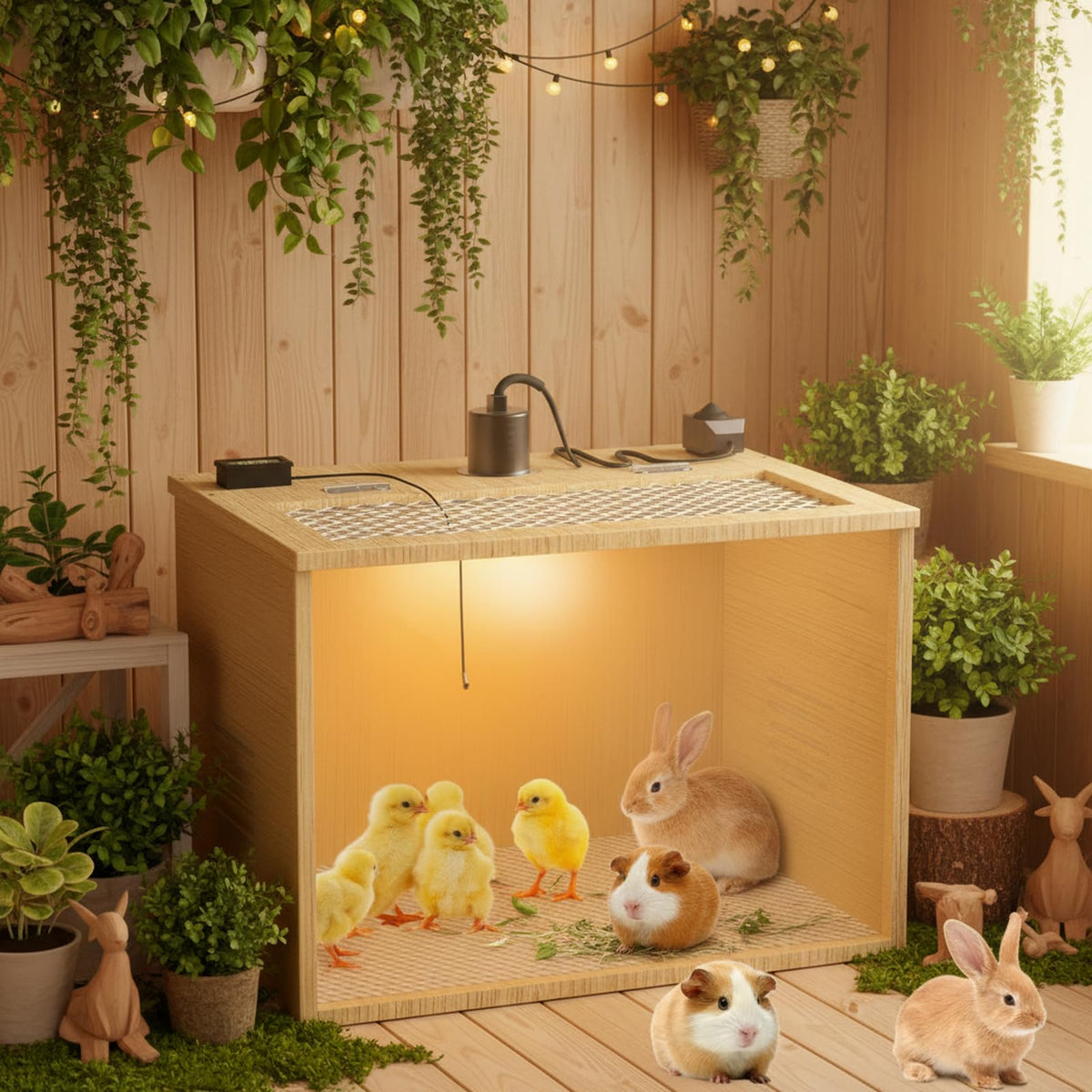 QVVCOOP wooden brooder box features durable thick wood panels for daily use.