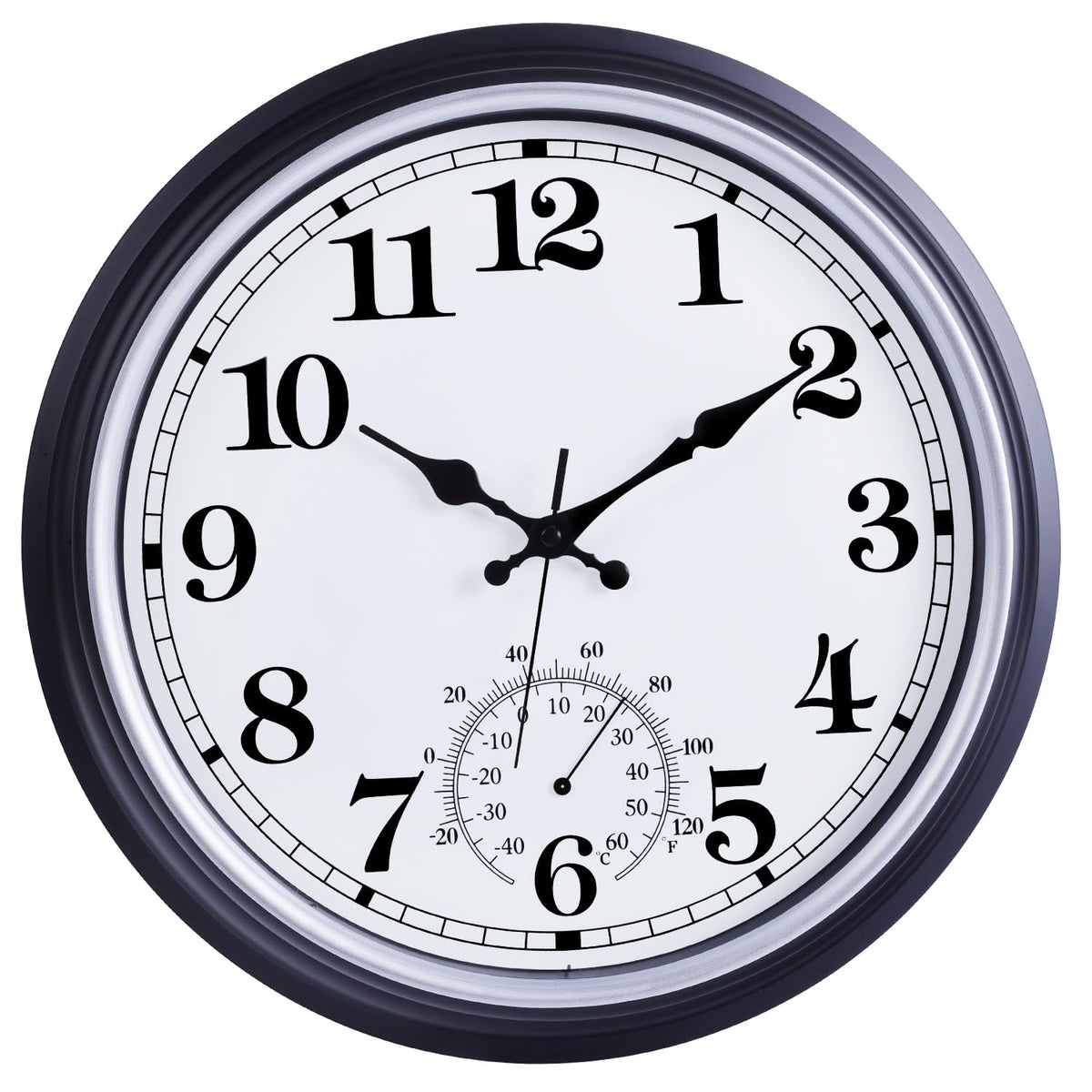 QWARVEL 16-inch outdoor clock front view with silent movement and thermometer.