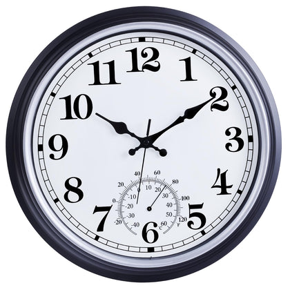 QWARVEL 16-inch outdoor clock front view with silent movement and thermometer.