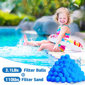 QwayHome eco-friendly polyester filter balls, textured surfaces, ideal for pool and spa filtration.