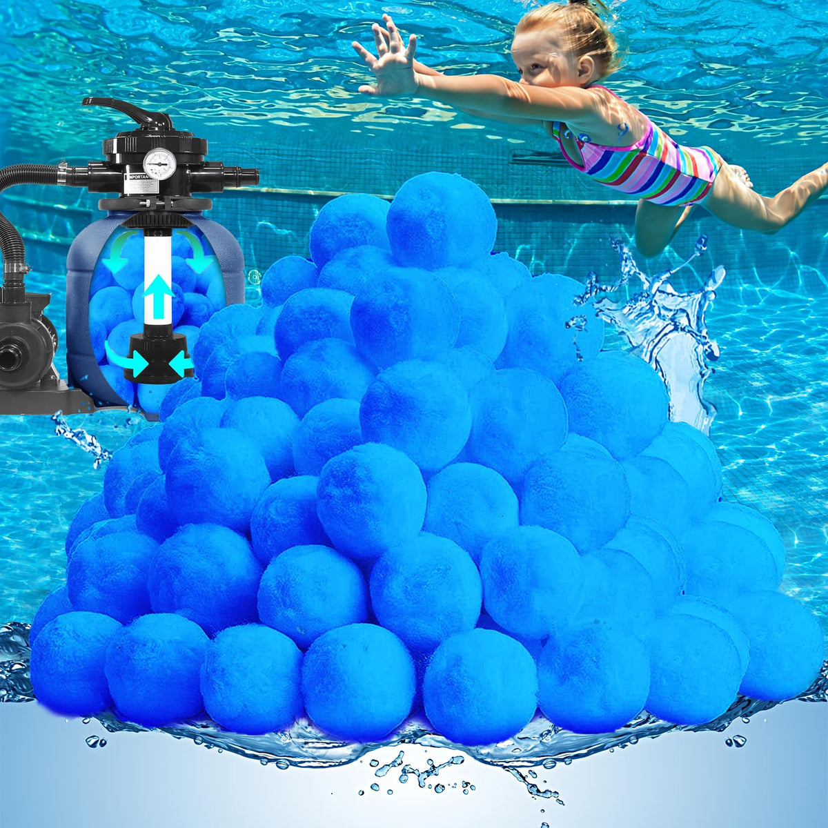 QwayHome pool filter balls close-up in bag, eco-friendly filtration alternative for efficient pool maintenance.