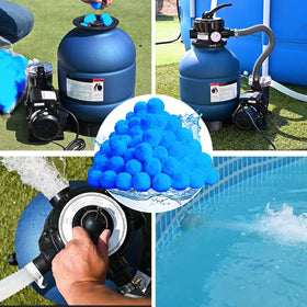 QwayHome pool filtration setup with filter balls, long-lasting performance for multiple seasons.