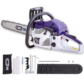 QWD 62CC chainsaw front view showing rugged power for hardwood cutting