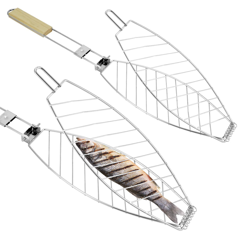 QWORK 2-pack stainless steel fish grill basket for reliable portable grilling.
