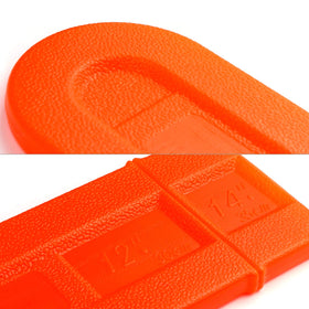 QWORK durable plastic cover demonstrates universal compatibility with 14-inch bars.