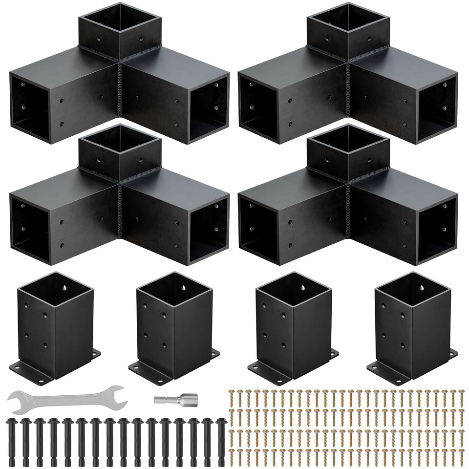 QZER pergola kit 3-way brackets stabilize 4x4 posts for outdoor framing.