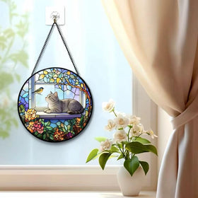 qzmaikoo window art with birds and flowers in blues and greens