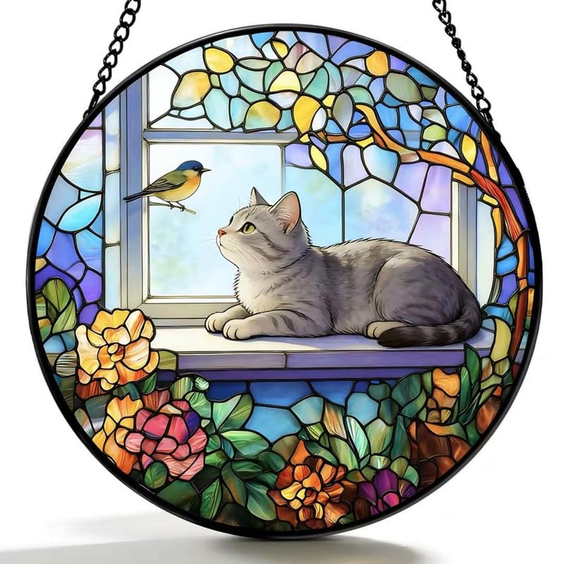 qzmaikoo stained glass cat window suncatcher on sunlit windowsill brightening a room