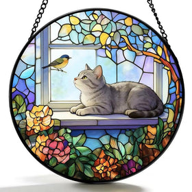 qzmaikoo stained glass cat window suncatcher on sunlit windowsill brightening a room