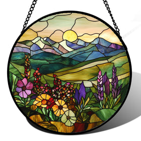 QZQCBLC stained glass window hanging with purple wildflowers brightens sunlit rooms