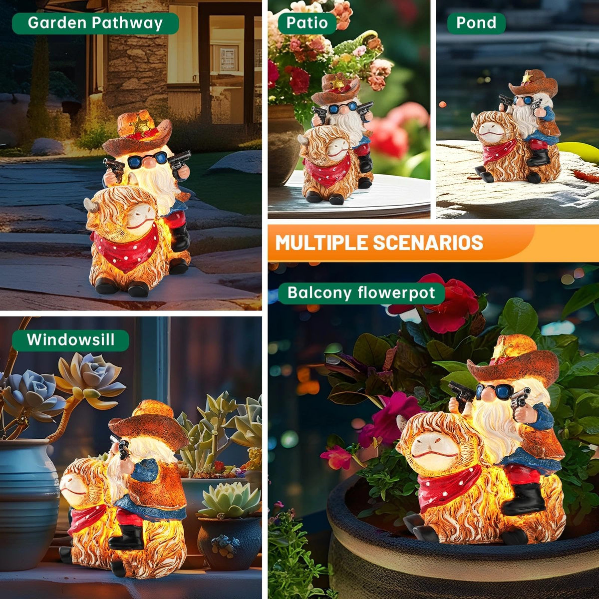 QZZP Solar Highland Cow Gnome nighttime glow highlights outdoor charm