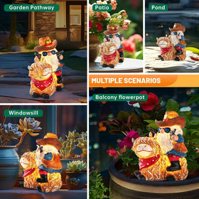 QZZP Solar Highland Cow Gnome nighttime glow highlights outdoor charm