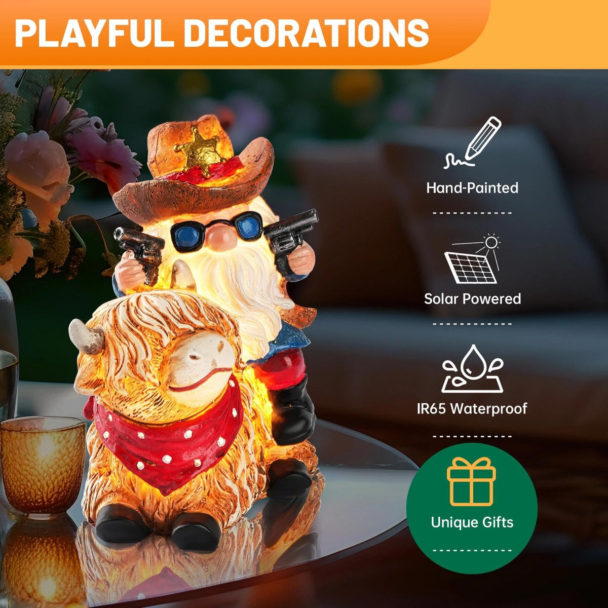 QZZP Solar Highland Cow Gnome compact tabletop fit for small spaces