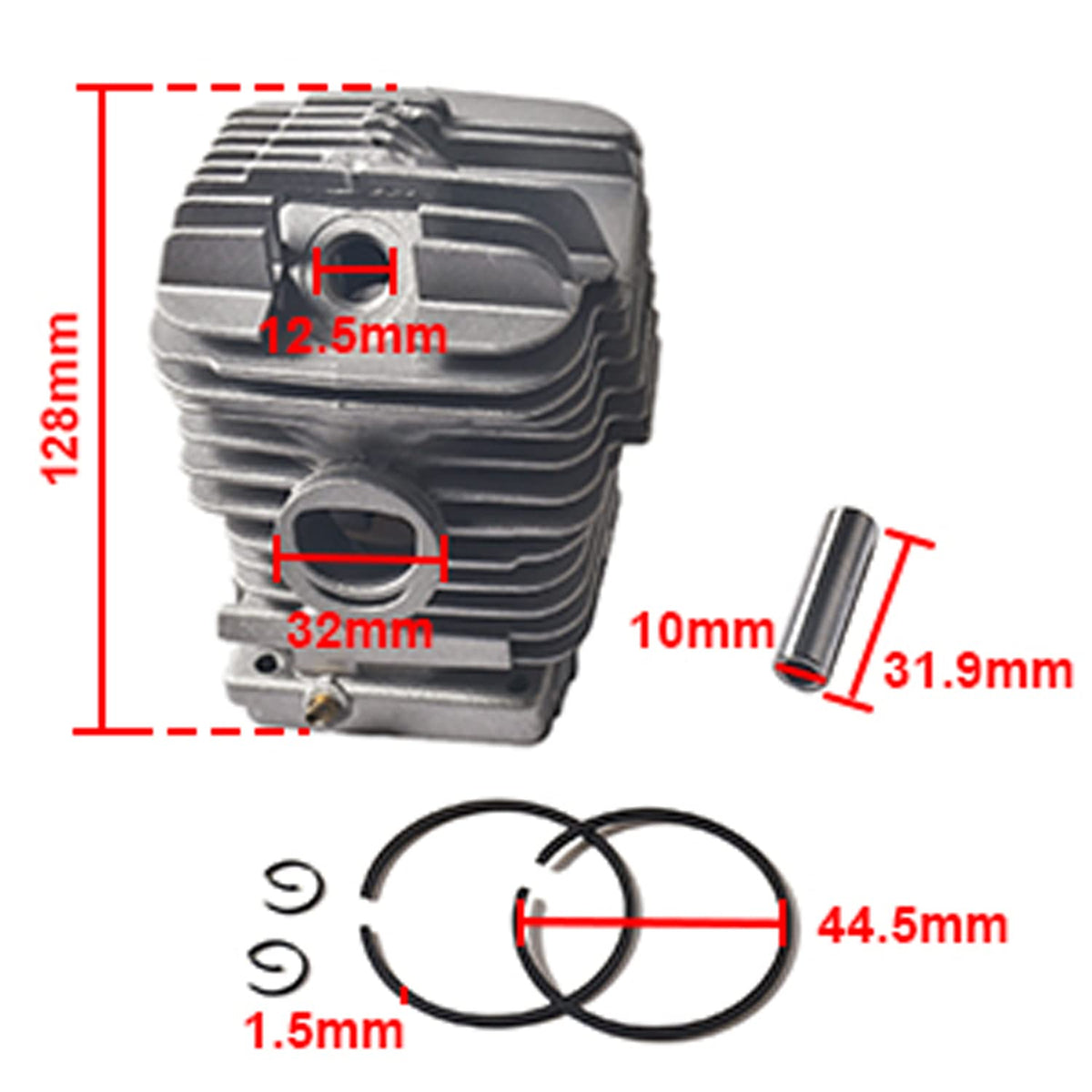 RA kit components close-up highlighting piston rings and circlips for easy inspection.