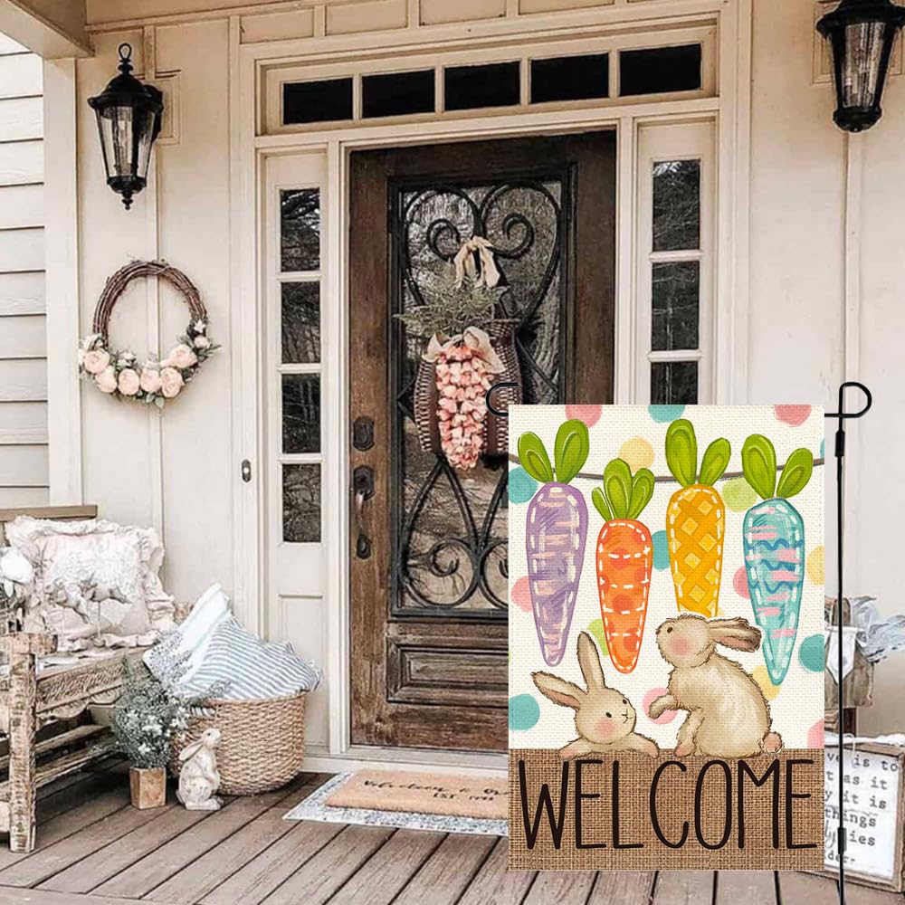 RABUSOFA burlap-inspired Easter flag with carrots and bunny design for curb appeal.