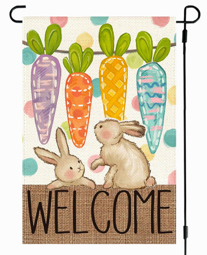 RABUSOFA Easter Garden Flag with carrots and bunny for outdoor yard decor.