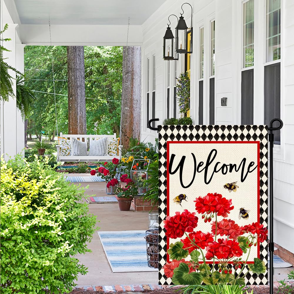 RABUSOFA geranium flag with burlap texture adds rustic charm to outdoor spaces.