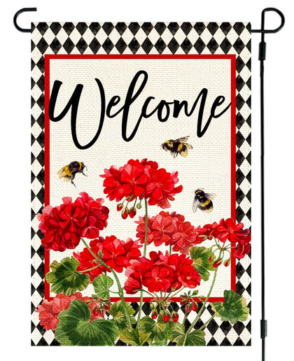 RABUSOFA geranium welcome flag with double-sided design for inviting curb appeal.