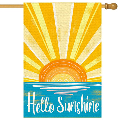 RABUSOFA Hello Sunshine flag front view adds cheerful curb appeal for outdoor spaces.