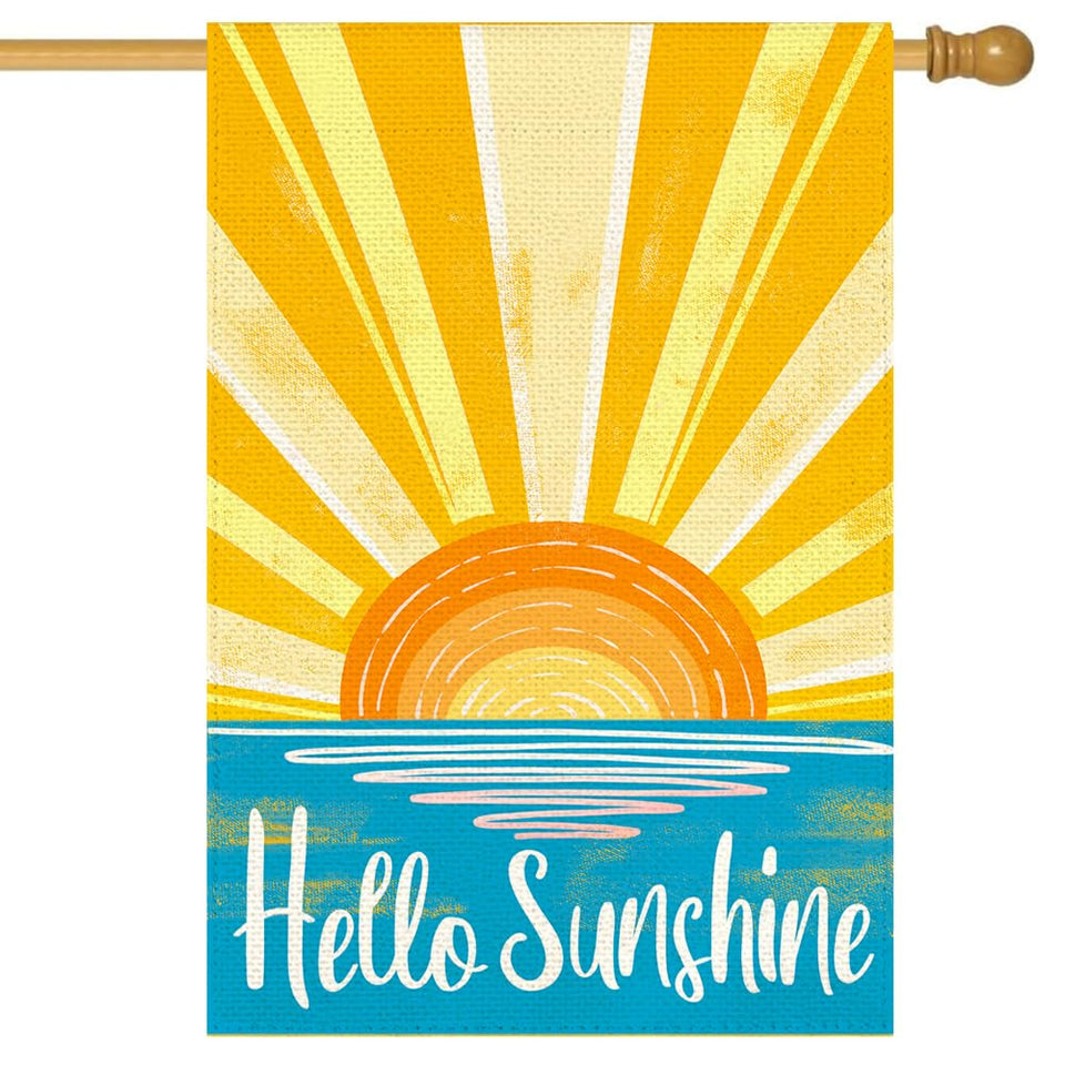 RABUSOFA Hello Sunshine flag front view adds cheerful curb appeal for outdoor spaces.